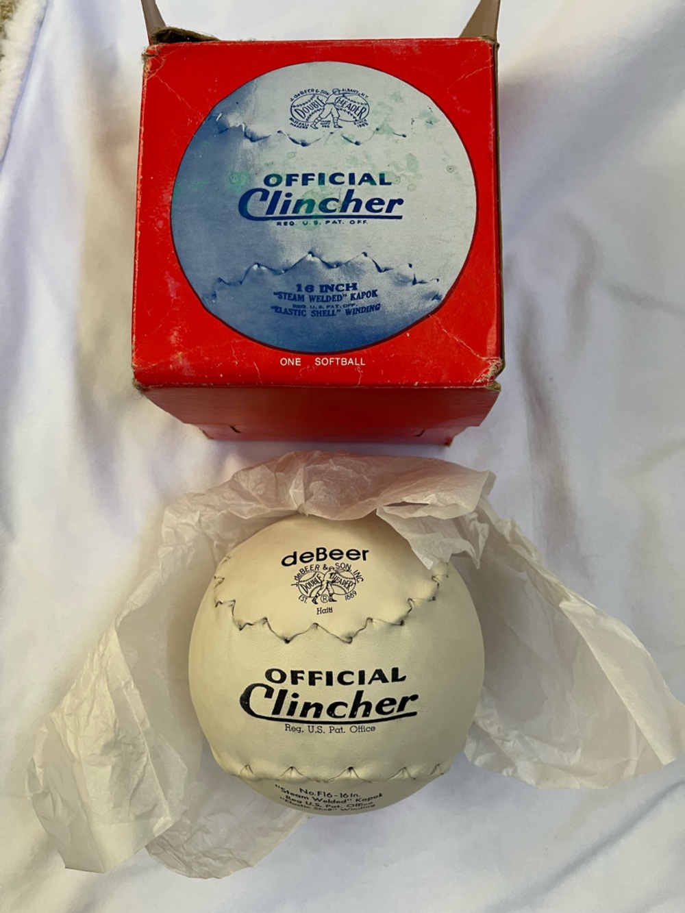 Vintage New in Box Debeer Official Clincher White Softball 16 inch